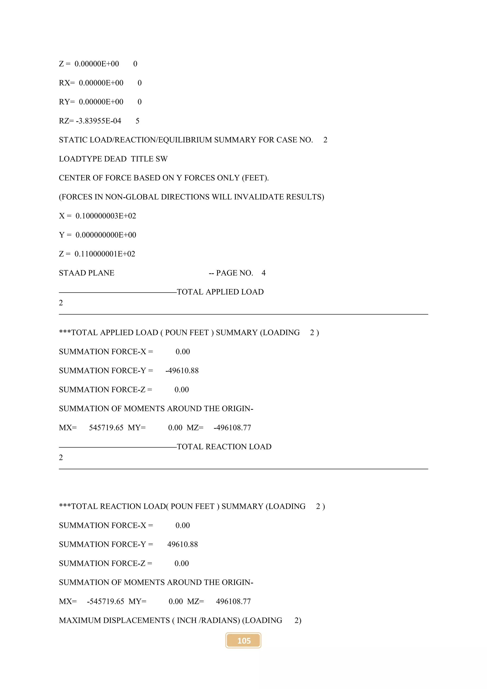 105
Z = 0.00000E+00 0
RX= 0.00000E+00 0
RY= 0.00000E+00 0
RZ= -3.83955E-04 5
STATIC LOAD/REACTION/EQUILIBRIUM SUMMARY FOR CASE NO. 2
LOADTYPE DEAD TITLE SW
CENTER OF FORCE BASED ON Y FORCES ONLY (FEET).
(FORCES IN NON-GLOBAL DIRECTIONS WILL INVALIDATE RESULTS)
X = 0.100000003E+02
Y = 0.000000000E+00
Z = 0.110000001E+02
STAAD PLANE -- PAGE NO. 4
TOTAL APPLIED LOAD
2
***TOTAL APPLIED LOAD ( POUN FEET ) SUMMARY (LOADING 2 )
SUMMATION FORCE-X = 0.00
SUMMATION FORCE-Y = -49610.88
SUMMATION FORCE-Z = 0.00
SUMMATION OF MOMENTS AROUND THE ORIGIN-
MX= 545719.65 MY= 0.00 MZ= -496108.77
TOTAL REACTION LOAD
2
***TOTAL REACTION LOAD( POUN FEET ) SUMMARY (LOADING 2 )
SUMMATION FORCE-X = 0.00
SUMMATION FORCE-Y = 49610.88
SUMMATION FORCE-Z = 0.00
SUMMATION OF MOMENTS AROUND THE ORIGIN-
MX= -545719.65 MY= 0.00 MZ= 496108.77
MAXIMUM DISPLACEMENTS ( INCH /RADIANS) (LOADING 2)
 