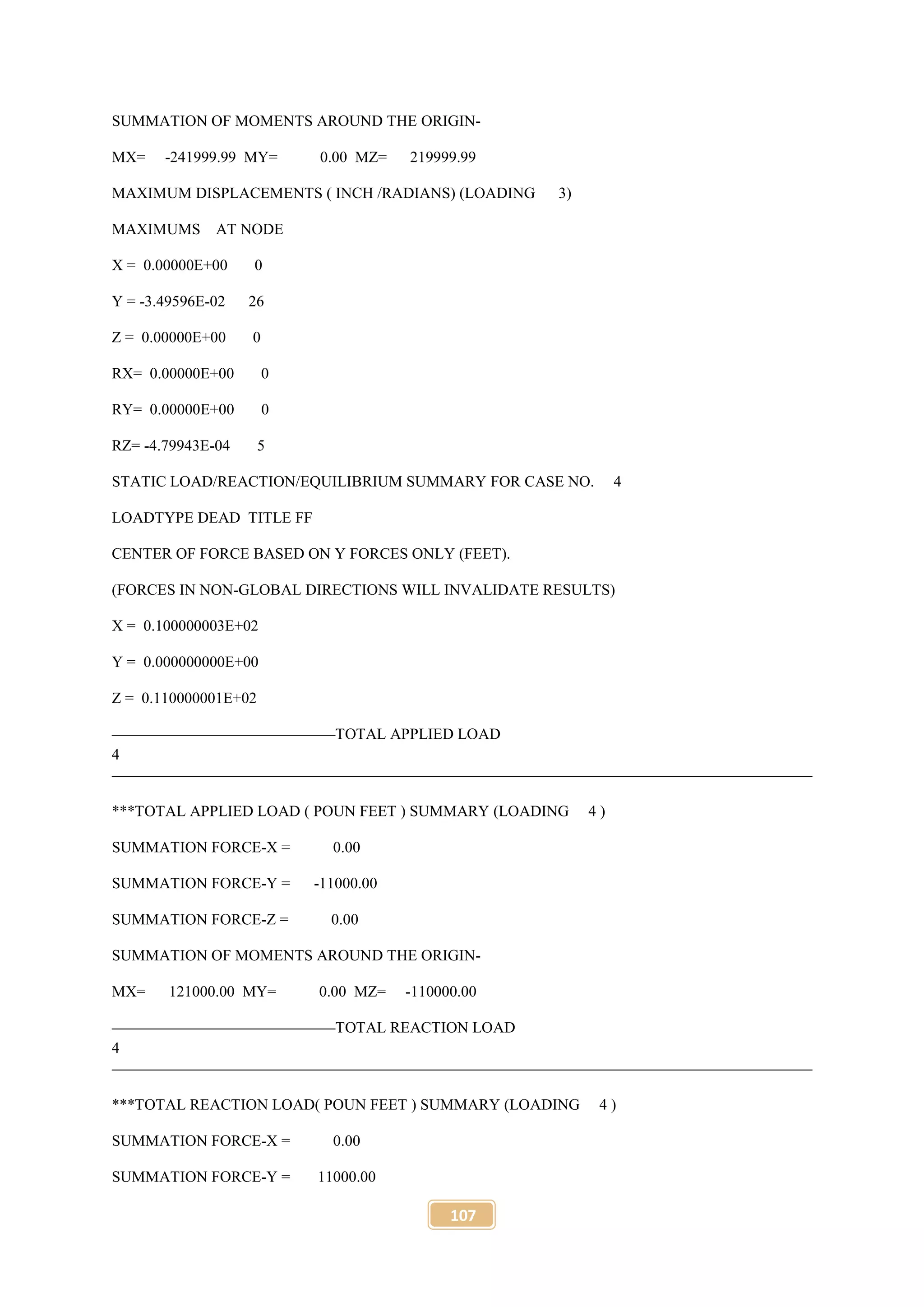 107
SUMMATION OF MOMENTS AROUND THE ORIGIN-
MX= -241999.99 MY= 0.00 MZ= 219999.99
MAXIMUM DISPLACEMENTS ( INCH /RADIANS) (LOADING 3)
MAXIMUMS AT NODE
X = 0.00000E+00 0
Y = -3.49596E-02 26
Z = 0.00000E+00 0
RX= 0.00000E+00 0
RY= 0.00000E+00 0
RZ= -4.79943E-04 5
STATIC LOAD/REACTION/EQUILIBRIUM SUMMARY FOR CASE NO. 4
LOADTYPE DEAD TITLE FF
CENTER OF FORCE BASED ON Y FORCES ONLY (FEET).
(FORCES IN NON-GLOBAL DIRECTIONS WILL INVALIDATE RESULTS)
X = 0.100000003E+02
Y = 0.000000000E+00
Z = 0.110000001E+02
TOTAL APPLIED LOAD
4
***TOTAL APPLIED LOAD ( POUN FEET ) SUMMARY (LOADING 4 )
SUMMATION FORCE-X = 0.00
SUMMATION FORCE-Y = -11000.00
SUMMATION FORCE-Z = 0.00
SUMMATION OF MOMENTS AROUND THE ORIGIN-
MX= 121000.00 MY= 0.00 MZ= -110000.00
TOTAL REACTION LOAD
4
***TOTAL REACTION LOAD( POUN FEET ) SUMMARY (LOADING 4 )
SUMMATION FORCE-X = 0.00
SUMMATION FORCE-Y = 11000.00
 