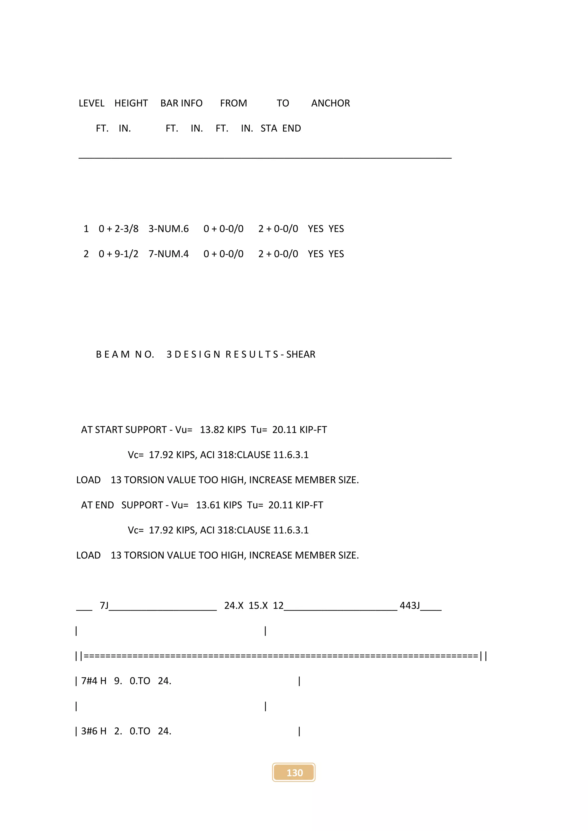 130
LEVEL HEIGHT BAR INFO FROM TO ANCHOR
FT. IN. FT. IN. FT. IN. STA END
_____________________________________________________________________
1 0 + 2-3/8 3-NUM.6 0 + 0-0/0 2 + 0-0/0 YES YES
2 0 + 9-1/2 7-NUM.4 0 + 0-0/0 2 + 0-0/0 YES YES
B E A M N O. 3 D E S I G N R E S U L T S - SHEAR
AT START SUPPORT - Vu= 13.82 KIPS Tu= 20.11 KIP-FT
Vc= 17.92 KIPS, ACI 318:CLAUSE 11.6.3.1
LOAD 13 TORSION VALUE TOO HIGH, INCREASE MEMBER SIZE.
AT END SUPPORT - Vu= 13.61 KIPS Tu= 20.11 KIP-FT
Vc= 17.92 KIPS, ACI 318:CLAUSE 11.6.3.1
LOAD 13 TORSION VALUE TOO HIGH, INCREASE MEMBER SIZE.
___ 7J____________________ 24.X 15.X 12_____________________ 443J____
| |
||=========================================================================||
| 7#4 H 9. 0.TO 24. |
| |
| 3#6 H 2. 0.TO 24. |
 