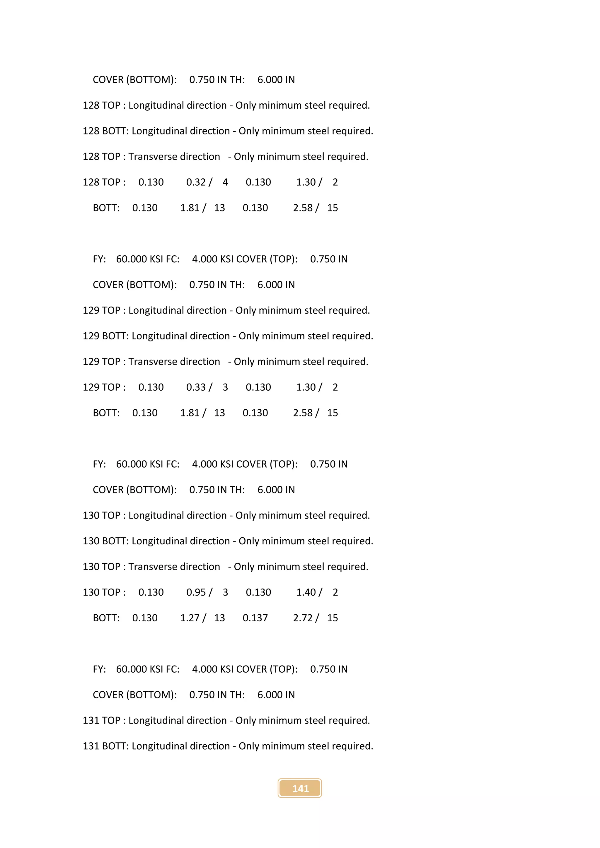 141
COVER (BOTTOM): 0.750 IN TH: 6.000 IN
128 TOP : Longitudinal direction - Only minimum steel required.
128 BOTT: Longitudinal direction - Only minimum steel required.
128 TOP : Transverse direction - Only minimum steel required.
128 TOP : 0.130 0.32 / 4 0.130 1.30 / 2
BOTT: 0.130 1.81 / 13 0.130 2.58 / 15
FY: 60.000 KSI FC: 4.000 KSI COVER (TOP): 0.750 IN
COVER (BOTTOM): 0.750 IN TH: 6.000 IN
129 TOP : Longitudinal direction - Only minimum steel required.
129 BOTT: Longitudinal direction - Only minimum steel required.
129 TOP : Transverse direction - Only minimum steel required.
129 TOP : 0.130 0.33 / 3 0.130 1.30 / 2
BOTT: 0.130 1.81 / 13 0.130 2.58 / 15
FY: 60.000 KSI FC: 4.000 KSI COVER (TOP): 0.750 IN
COVER (BOTTOM): 0.750 IN TH: 6.000 IN
130 TOP : Longitudinal direction - Only minimum steel required.
130 BOTT: Longitudinal direction - Only minimum steel required.
130 TOP : Transverse direction - Only minimum steel required.
130 TOP : 0.130 0.95 / 3 0.130 1.40 / 2
BOTT: 0.130 1.27 / 13 0.137 2.72 / 15
FY: 60.000 KSI FC: 4.000 KSI COVER (TOP): 0.750 IN
COVER (BOTTOM): 0.750 IN TH: 6.000 IN
131 TOP : Longitudinal direction - Only minimum steel required.
131 BOTT: Longitudinal direction - Only minimum steel required.
 