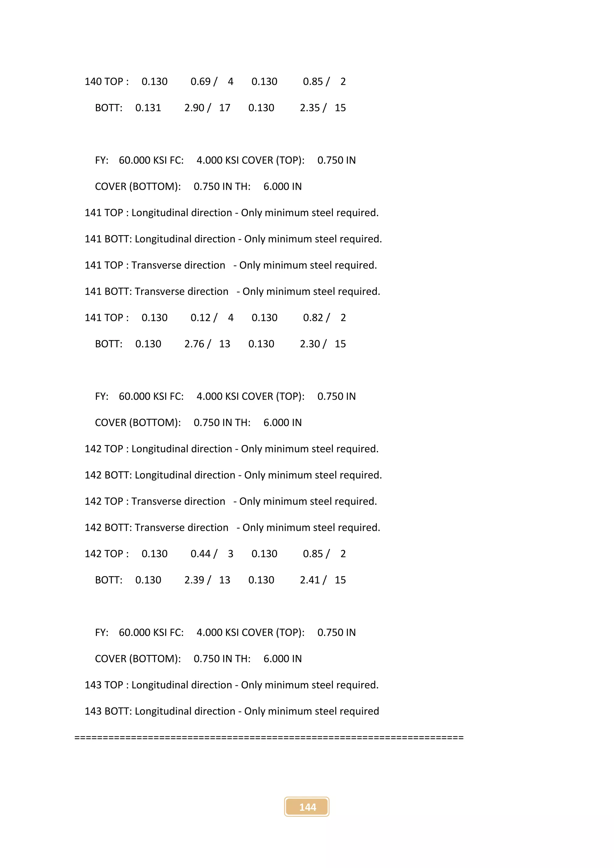 144
140 TOP : 0.130 0.69 / 4 0.130 0.85 / 2
BOTT: 0.131 2.90 / 17 0.130 2.35 / 15
FY: 60.000 KSI FC: 4.000 KSI COVER (TOP): 0.750 IN
COVER (BOTTOM): 0.750 IN TH: 6.000 IN
141 TOP : Longitudinal direction - Only minimum steel required.
141 BOTT: Longitudinal direction - Only minimum steel required.
141 TOP : Transverse direction - Only minimum steel required.
141 BOTT: Transverse direction - Only minimum steel required.
141 TOP : 0.130 0.12 / 4 0.130 0.82 / 2
BOTT: 0.130 2.76 / 13 0.130 2.30 / 15
FY: 60.000 KSI FC: 4.000 KSI COVER (TOP): 0.750 IN
COVER (BOTTOM): 0.750 IN TH: 6.000 IN
142 TOP : Longitudinal direction - Only minimum steel required.
142 BOTT: Longitudinal direction - Only minimum steel required.
142 TOP : Transverse direction - Only minimum steel required.
142 BOTT: Transverse direction - Only minimum steel required.
142 TOP : 0.130 0.44 / 3 0.130 0.85 / 2
BOTT: 0.130 2.39 / 13 0.130 2.41 / 15
FY: 60.000 KSI FC: 4.000 KSI COVER (TOP): 0.750 IN
COVER (BOTTOM): 0.750 IN TH: 6.000 IN
143 TOP : Longitudinal direction - Only minimum steel required.
143 BOTT: Longitudinal direction - Only minimum steel required
=====================================================================
 