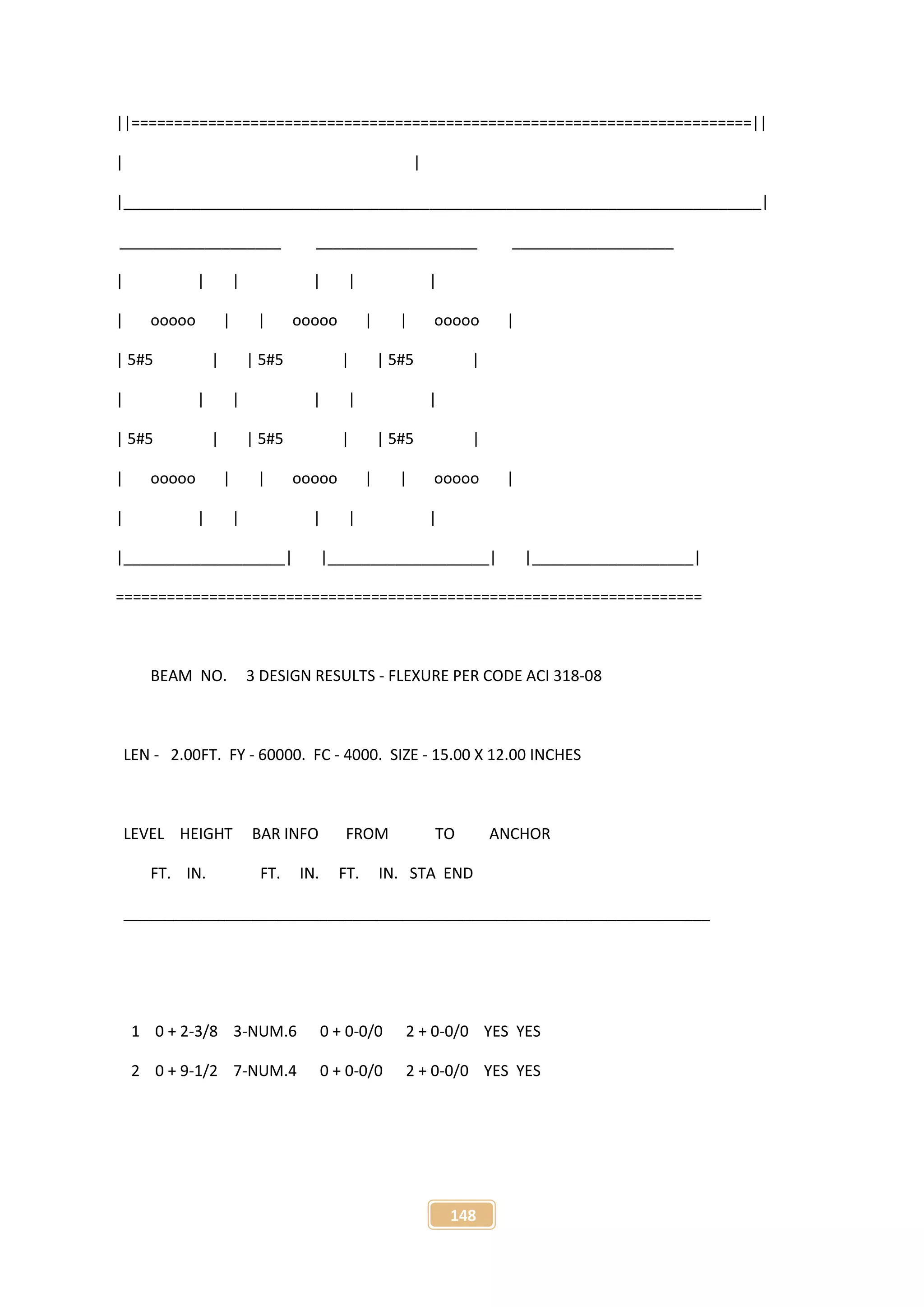 148
||=========================================================================||
| |
|___________________________________________________________________________|
___________________ ___________________ ___________________
| | | | | |
| ooooo | | ooooo | | ooooo |
| 5#5 | | 5#5 | | 5#5 |
| | | | | |
| 5#5 | | 5#5 | | 5#5 |
| ooooo | | ooooo | | ooooo |
| | | | | |
|___________________| |___________________| |___________________|
=====================================================================
BEAM NO. 3 DESIGN RESULTS - FLEXURE PER CODE ACI 318-08
LEN - 2.00FT. FY - 60000. FC - 4000. SIZE - 15.00 X 12.00 INCHES
LEVEL HEIGHT BAR INFO FROM TO ANCHOR
FT. IN. FT. IN. FT. IN. STA END
_____________________________________________________________________
1 0 + 2-3/8 3-NUM.6 0 + 0-0/0 2 + 0-0/0 YES YES
2 0 + 9-1/2 7-NUM.4 0 + 0-0/0 2 + 0-0/0 YES YES
 