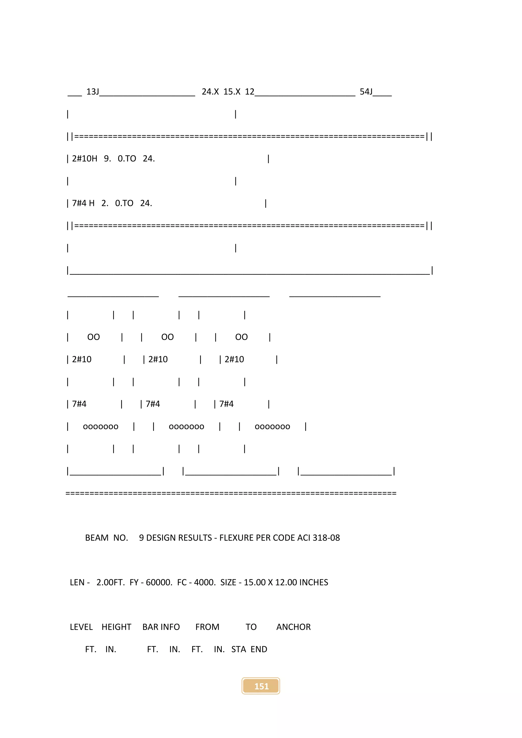 151
___ 13J____________________ 24.X 15.X 12_____________________ 54J____
| |
||=========================================================================||
| 2#10H 9. 0.TO 24. |
| |
| 7#4 H 2. 0.TO 24. |
||=========================================================================||
| |
|___________________________________________________________________________|
___________________ ___________________ ___________________
| | | | | |
| OO | | OO | | OO |
| 2#10 | | 2#10 | | 2#10 |
| | | | | |
| 7#4 | | 7#4 | | 7#4 |
| ooooooo | | ooooooo | | ooooooo |
| | | | | |
|___________________| |___________________| |___________________|
=====================================================================
BEAM NO. 9 DESIGN RESULTS - FLEXURE PER CODE ACI 318-08
LEN - 2.00FT. FY - 60000. FC - 4000. SIZE - 15.00 X 12.00 INCHES
LEVEL HEIGHT BAR INFO FROM TO ANCHOR
FT. IN. FT. IN. FT. IN. STA END
 