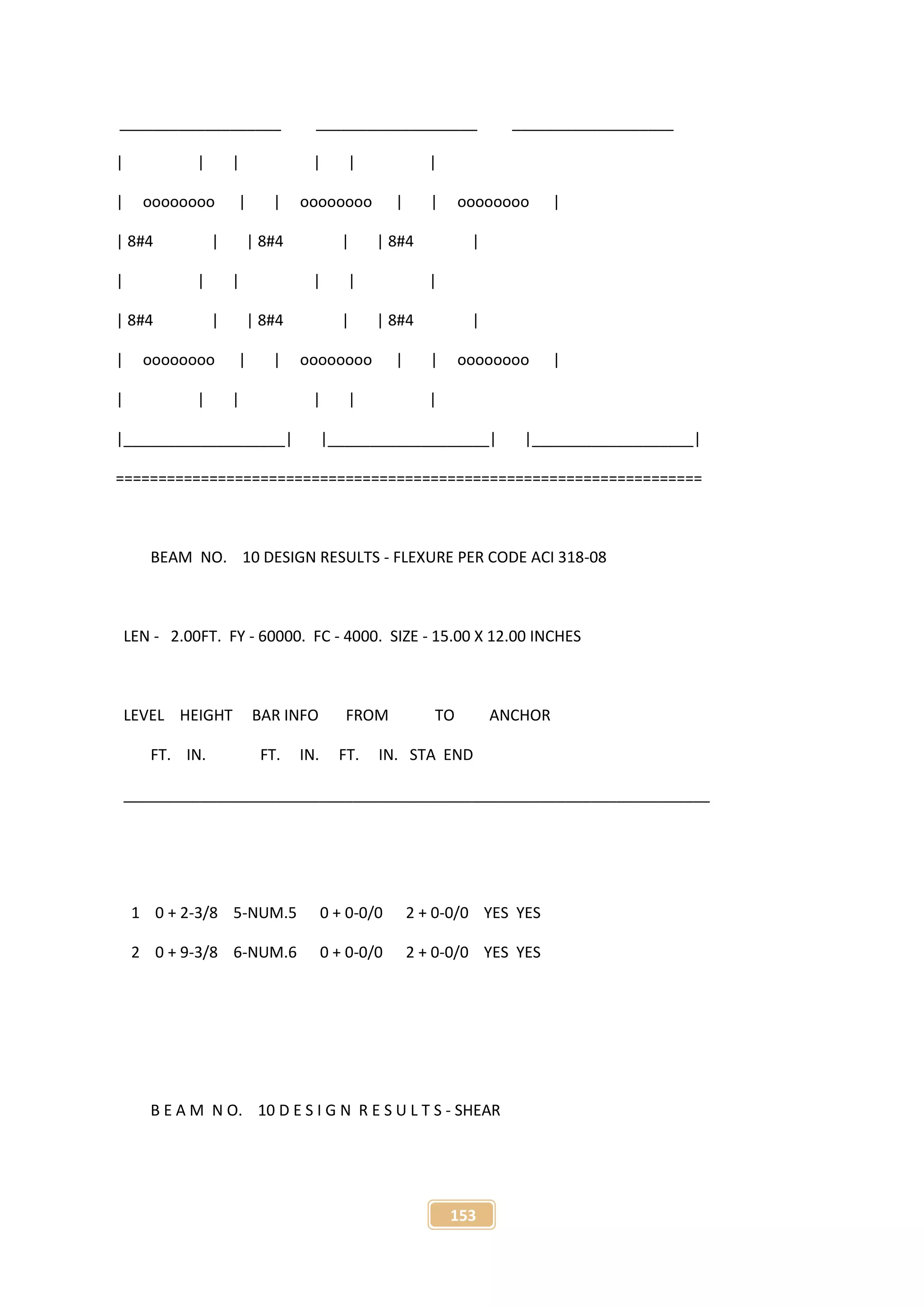 153
___________________ ___________________ ___________________
| | | | | |
| oooooooo | | oooooooo | | oooooooo |
| 8#4 | | 8#4 | | 8#4 |
| | | | | |
| 8#4 | | 8#4 | | 8#4 |
| oooooooo | | oooooooo | | oooooooo |
| | | | | |
|___________________| |___________________| |___________________|
=====================================================================
BEAM NO. 10 DESIGN RESULTS - FLEXURE PER CODE ACI 318-08
LEN - 2.00FT. FY - 60000. FC - 4000. SIZE - 15.00 X 12.00 INCHES
LEVEL HEIGHT BAR INFO FROM TO ANCHOR
FT. IN. FT. IN. FT. IN. STA END
_____________________________________________________________________
1 0 + 2-3/8 5-NUM.5 0 + 0-0/0 2 + 0-0/0 YES YES
2 0 + 9-3/8 6-NUM.6 0 + 0-0/0 2 + 0-0/0 YES YES
B E A M N O. 10 D E S I G N R E S U L T S - SHEAR
 