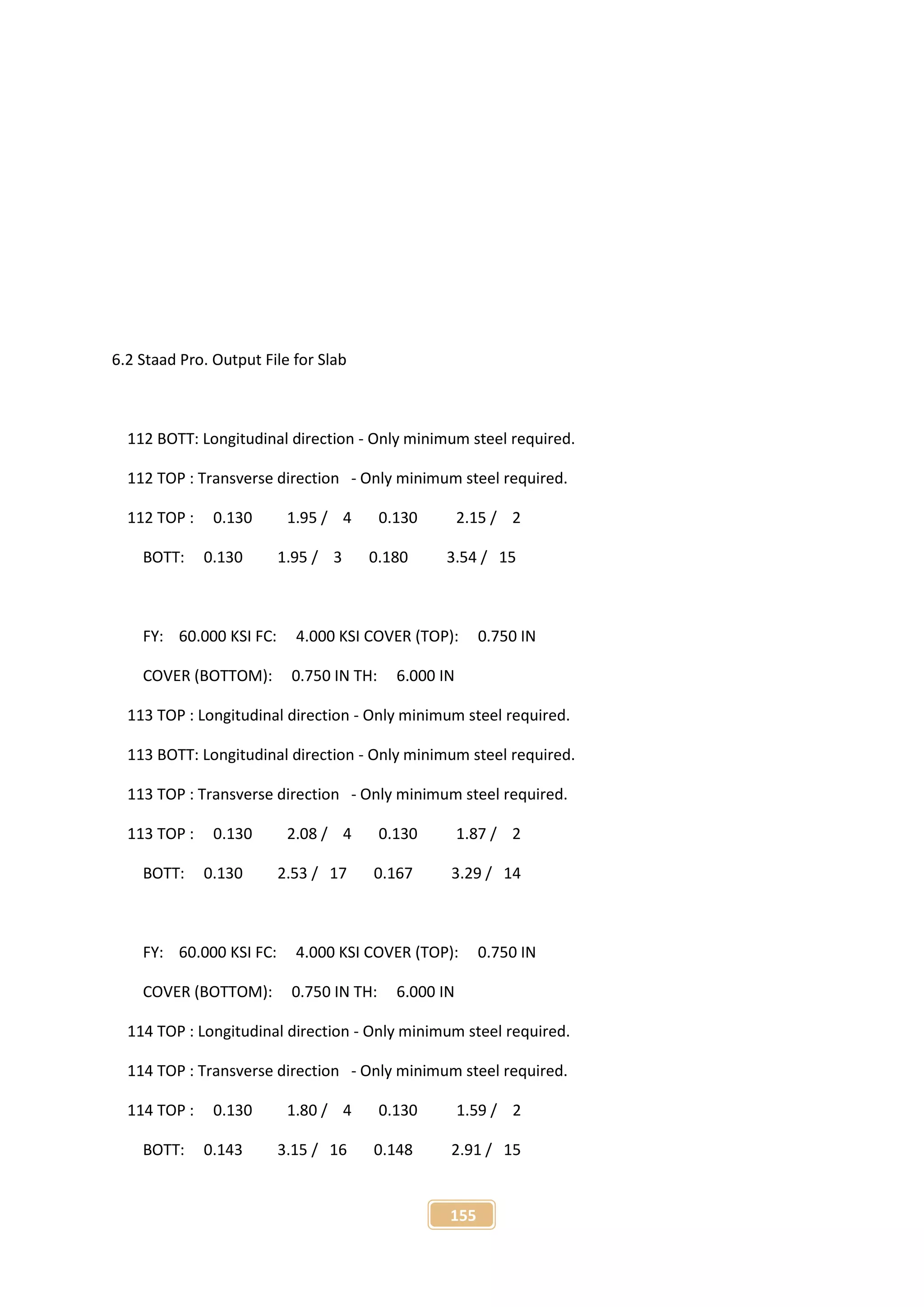 155
6.2 Staad Pro. Output File for Slab
112 BOTT: Longitudinal direction - Only minimum steel required.
112 TOP : Transverse direction - Only minimum steel required.
112 TOP : 0.130 1.95 / 4 0.130 2.15 / 2
BOTT: 0.130 1.95 / 3 0.180 3.54 / 15
FY: 60.000 KSI FC: 4.000 KSI COVER (TOP): 0.750 IN
COVER (BOTTOM): 0.750 IN TH: 6.000 IN
113 TOP : Longitudinal direction - Only minimum steel required.
113 BOTT: Longitudinal direction - Only minimum steel required.
113 TOP : Transverse direction - Only minimum steel required.
113 TOP : 0.130 2.08 / 4 0.130 1.87 / 2
BOTT: 0.130 2.53 / 17 0.167 3.29 / 14
FY: 60.000 KSI FC: 4.000 KSI COVER (TOP): 0.750 IN
COVER (BOTTOM): 0.750 IN TH: 6.000 IN
114 TOP : Longitudinal direction - Only minimum steel required.
114 TOP : Transverse direction - Only minimum steel required.
114 TOP : 0.130 1.80 / 4 0.130 1.59 / 2
BOTT: 0.143 3.15 / 16 0.148 2.91 / 15
 