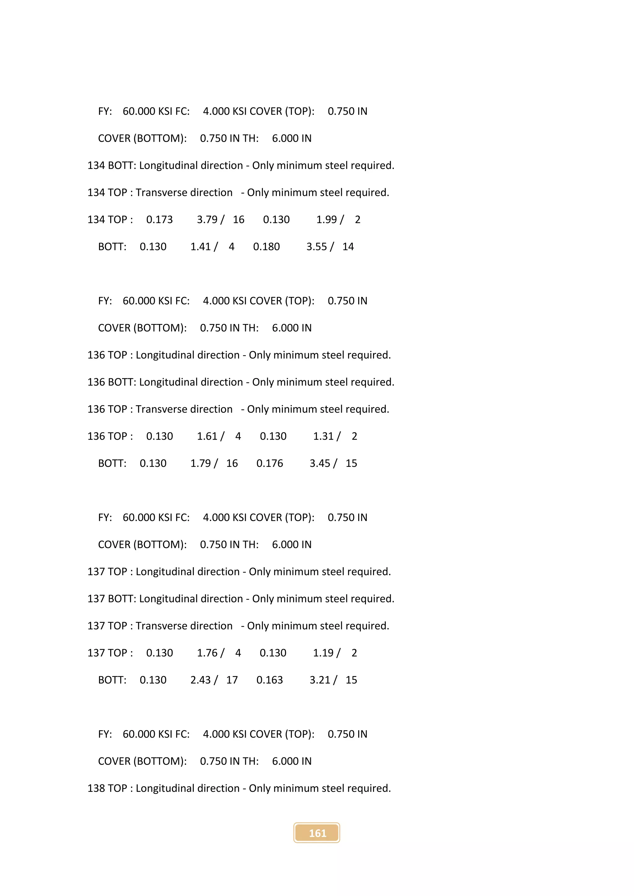 161
FY: 60.000 KSI FC: 4.000 KSI COVER (TOP): 0.750 IN
COVER (BOTTOM): 0.750 IN TH: 6.000 IN
134 BOTT: Longitudinal direction - Only minimum steel required.
134 TOP : Transverse direction - Only minimum steel required.
134 TOP : 0.173 3.79 / 16 0.130 1.99 / 2
BOTT: 0.130 1.41 / 4 0.180 3.55 / 14
FY: 60.000 KSI FC: 4.000 KSI COVER (TOP): 0.750 IN
COVER (BOTTOM): 0.750 IN TH: 6.000 IN
136 TOP : Longitudinal direction - Only minimum steel required.
136 BOTT: Longitudinal direction - Only minimum steel required.
136 TOP : Transverse direction - Only minimum steel required.
136 TOP : 0.130 1.61 / 4 0.130 1.31 / 2
BOTT: 0.130 1.79 / 16 0.176 3.45 / 15
FY: 60.000 KSI FC: 4.000 KSI COVER (TOP): 0.750 IN
COVER (BOTTOM): 0.750 IN TH: 6.000 IN
137 TOP : Longitudinal direction - Only minimum steel required.
137 BOTT: Longitudinal direction - Only minimum steel required.
137 TOP : Transverse direction - Only minimum steel required.
137 TOP : 0.130 1.76 / 4 0.130 1.19 / 2
BOTT: 0.130 2.43 / 17 0.163 3.21 / 15
FY: 60.000 KSI FC: 4.000 KSI COVER (TOP): 0.750 IN
COVER (BOTTOM): 0.750 IN TH: 6.000 IN
138 TOP : Longitudinal direction - Only minimum steel required.
 