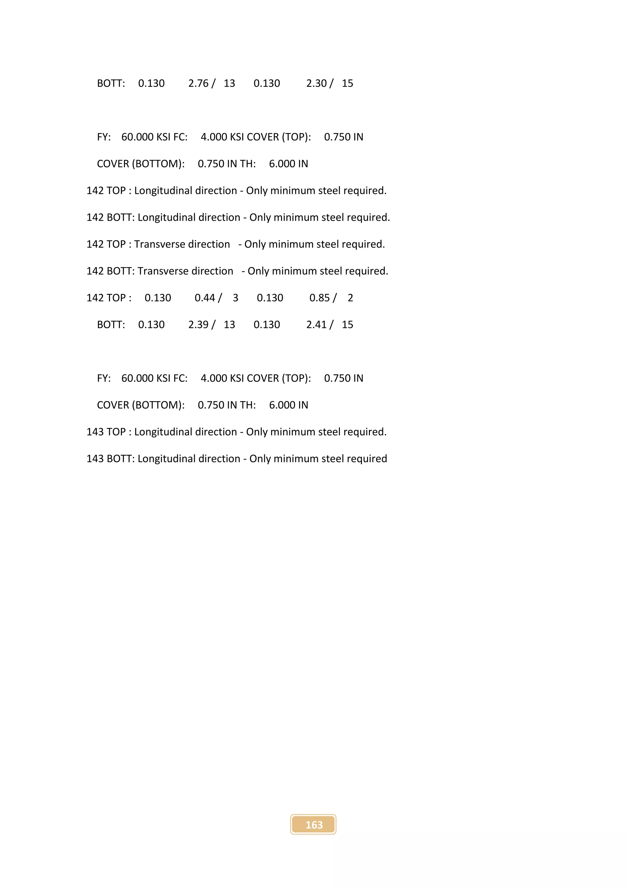 163
BOTT: 0.130 2.76 / 13 0.130 2.30 / 15
FY: 60.000 KSI FC: 4.000 KSI COVER (TOP): 0.750 IN
COVER (BOTTOM): 0.750 IN TH: 6.000 IN
142 TOP : Longitudinal direction - Only minimum steel required.
142 BOTT: Longitudinal direction - Only minimum steel required.
142 TOP : Transverse direction - Only minimum steel required.
142 BOTT: Transverse direction - Only minimum steel required.
142 TOP : 0.130 0.44 / 3 0.130 0.85 / 2
BOTT: 0.130 2.39 / 13 0.130 2.41 / 15
FY: 60.000 KSI FC: 4.000 KSI COVER (TOP): 0.750 IN
COVER (BOTTOM): 0.750 IN TH: 6.000 IN
143 TOP : Longitudinal direction - Only minimum steel required.
143 BOTT: Longitudinal direction - Only minimum steel required
 