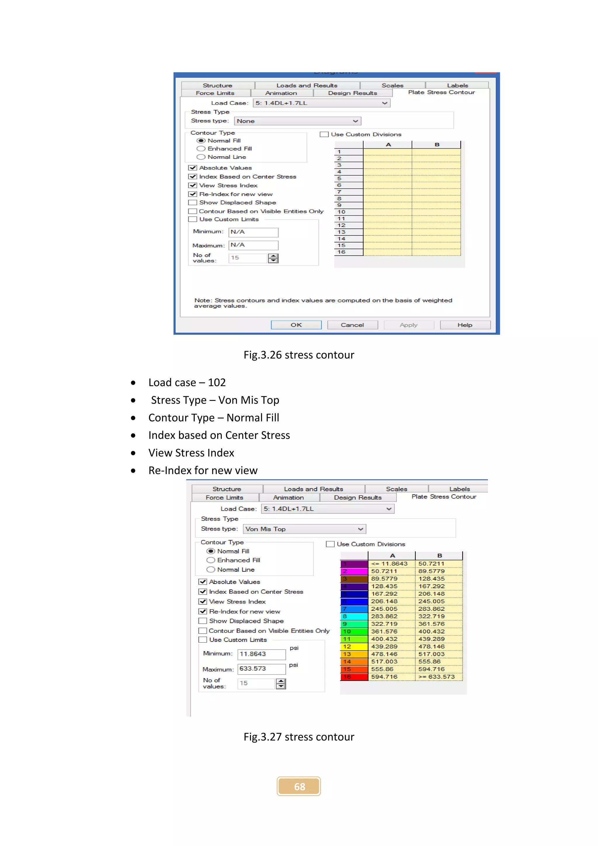 68
Fig.3.26 stress contour
 Load case – 102
 Stress Type – Von Mis Top
 Contour Type – Normal Fill
 Index based on Center Stress
 View Stress Index
 Re-Index for new view
Fig.3.27 stress contour
 