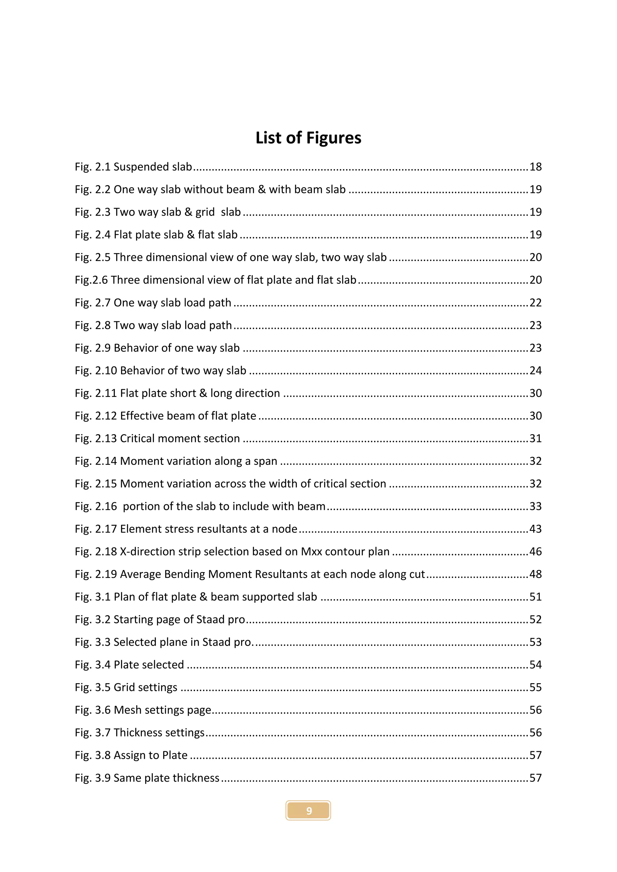 9
List of Figures
Fig. 2.1 Suspended slab............................................................................................................18
Fig. 2.2 One way slab without beam & with beam slab ..........................................................19
Fig. 2.3 Two way slab & grid slab............................................................................................19
Fig. 2.4 Flat plate slab & flat slab.............................................................................................19
Fig. 2.5 Three dimensional view of one way slab, two way slab.............................................20
Fig.2.6 Three dimensional view of flat plate and flat slab.......................................................20
Fig. 2.7 One way slab load path...............................................................................................22
Fig. 2.8 Two way slab load path...............................................................................................23
Fig. 2.9 Behavior of one way slab ............................................................................................23
Fig. 2.10 Behavior of two way slab ..........................................................................................24
Fig. 2.11 Flat plate short & long direction ...............................................................................30
Fig. 2.12 Effective beam of flat plate.......................................................................................30
Fig. 2.13 Critical moment section ............................................................................................31
Fig. 2.14 Moment variation along a span ................................................................................32
Fig. 2.15 Moment variation across the width of critical section .............................................32
Fig. 2.16 portion of the slab to include with beam.................................................................33
Fig. 2.17 Element stress resultants at a node..........................................................................43
Fig. 2.18 X-direction strip selection based on Mxx contour plan ............................................46
Fig. 2.19 Average Bending Moment Resultants at each node along cut.................................48
Fig. 3.1 Plan of flat plate & beam supported slab ...................................................................51
Fig. 3.2 Starting page of Staad pro...........................................................................................52
Fig. 3.3 Selected plane in Staad pro.........................................................................................53
Fig. 3.4 Plate selected ..............................................................................................................54
Fig. 3.5 Grid settings ................................................................................................................55
Fig. 3.6 Mesh settings page......................................................................................................56
Fig. 3.7 Thickness settings........................................................................................................56
Fig. 3.8 Assign to Plate .............................................................................................................57
Fig. 3.9 Same plate thickness...................................................................................................57
 