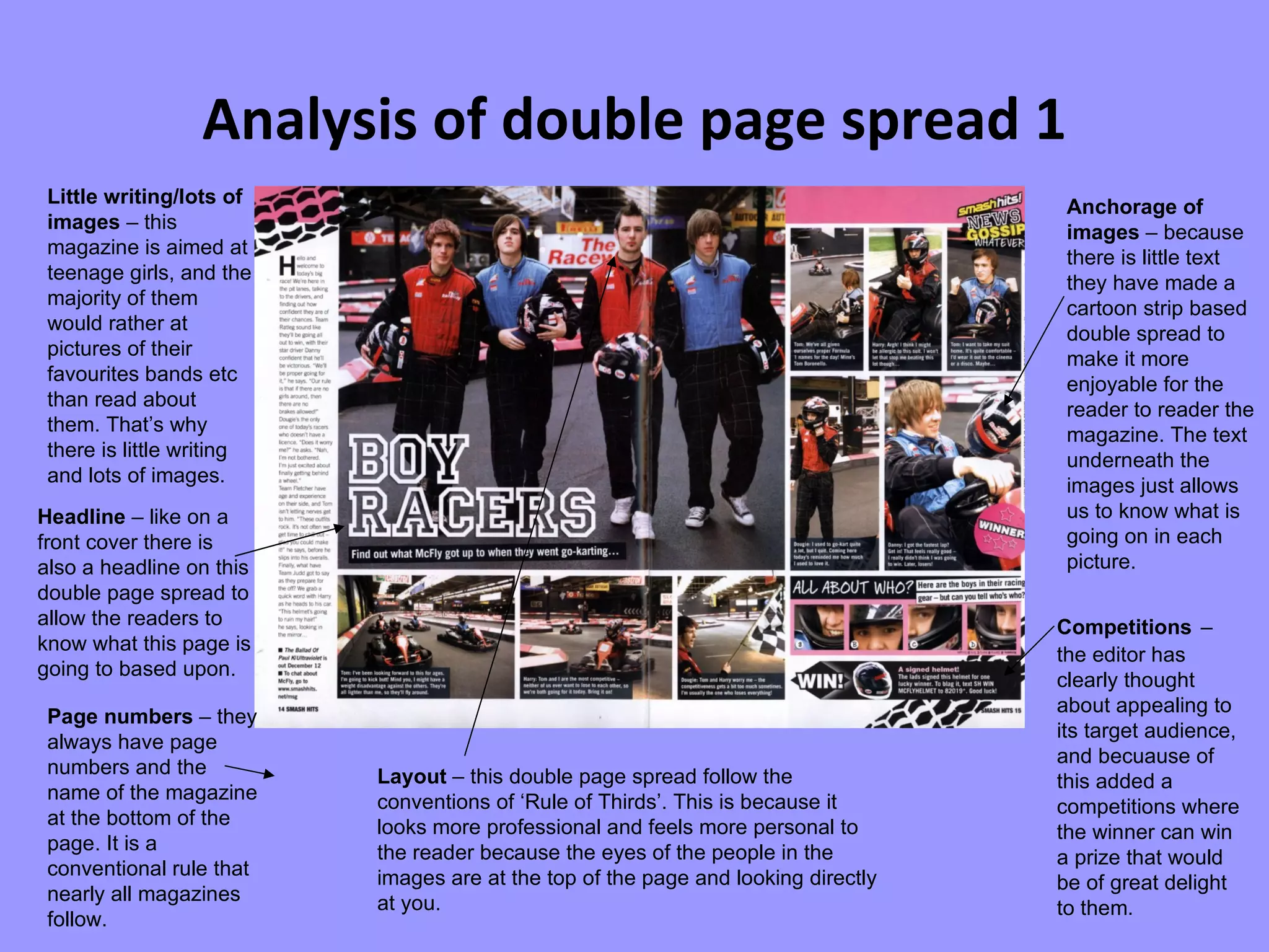 Analysis of double page spread 1 Page numbers  – they always have page numbers and the name of the magazine at the bottom of the page. It is a conventional rule that nearly all magazines follow. Little writing/lots of images  – this magazine is aimed at teenage girls, and the majority of them would rather at pictures of their favourites bands etc than read about them. That’s why there is little writing and lots of images. Anchorage of images  – because there is little text they have made a cartoon strip based double spread to make it more enjoyable for the reader to reader the magazine. The text underneath the images just allows us to know what is going on in each picture.   Headline  – like on a front cover there is also a headline on this double page spread to allow the readers to know what this page is going to based upon. Layout  – this double page spread follow the conventions of ‘Rule of Thirds’. This is because it looks more professional and feels more personal to the reader because the eyes of the people in the images are at the top of the page and looking directly at you. Competitions   – the editor has clearly thought about appealing to its target audience, and becuause of this added a competitions where the winner can win a prize that would be of great delight to them. 