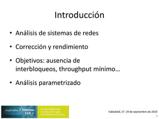 IntroducciónAnálisis de sistemas de redesCorrección y rendimientoObjetivos: ausencia de interbloqueos, throughput mínimo…Análisis parametrizado3