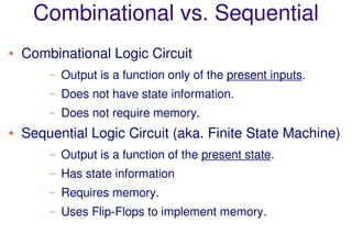 Spring 2011 ECE 331 - Digital System Design 2
Combinational vs. Sequential
● Combinational Logic Circuit
– Output is a function only of the present inputs.
– Does not have state information.
– Does not require memory.
● Sequential Logic Circuit (aka. Finite State Machine)
– Output is a function of the present state.
– Has state information
– Requires memory.
– Uses Flip-Flops to implement memory.
 