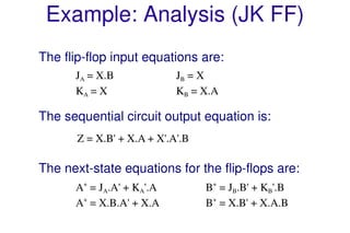 Spring 2011 ECE 331 - Digital System Design 27
Example: Analysis (JK FF)
The flip-flop input equations are:
The next-state equations for the flip-flops are:
The sequential circuit output equation is:
JA = X.B JB = X
KA = X KB = X.A
Z = X.B' + X.A + X'.A'.B
A+
= JA.A' + KA'.A B+
= JB.B' + KB'.B
A+
= X.B.A' + X.A B+
= X.B' + X.A.B
 