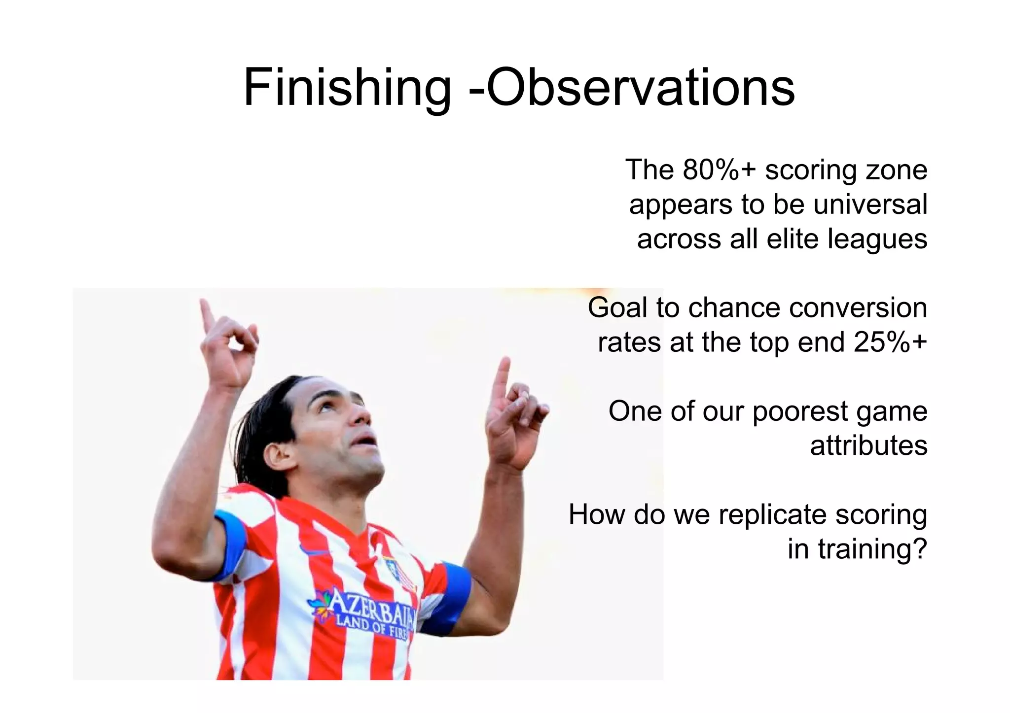 Finishing -Observations
The 80%+ scoring zone
appears to be universal
across all elite leagues
Goal to chance conversion
rates at the top end 25%+
One of our poorest game
attributes
How do we replicate scoring
in training?
 