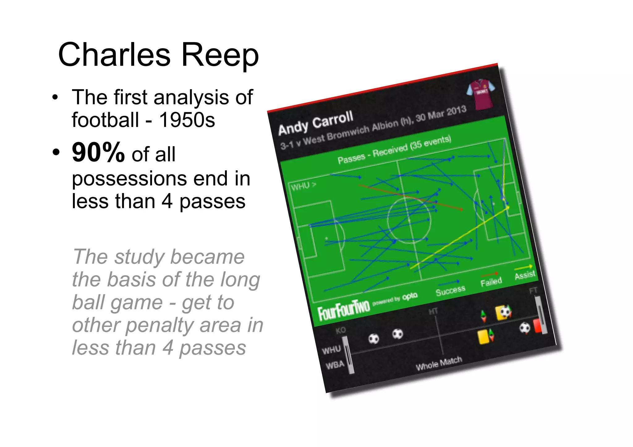 Charles Reep
• The first analysis of
football - 1950s
• 90% of all
possessions end in
less than 4 passes
The study became
the basis of the long
ball game - get to
other penalty area in
less than 4 passes
 