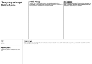 TITLE:
DATE:
ARTIST:
CONTENT
Having researched further and understood the wider context, discuss the ideas behind the art work and the intentions of the photographer to your best ability. Consider the mood of the
work and how this has been achieved?
FORM (What)
This is the ‘Mise en Scene (Setting in Scene)’ :- describe what is going on in the art
work/photograph? Explain objectively and honestly. Imagine you are trying to explain the art
work to someone over the telephone and transcribe that message.
PROCESS
What has the artist used to make the art work? Consider the materials and
media. If a photograph, what are the lighting considerations? Has it been
presented in a special way I.e. as an installation?
‘Analysing an Image’
Writing Frame
KEYWORDS
Write down any key words you associate with this art
work.
BASIC EXAMPLE
 