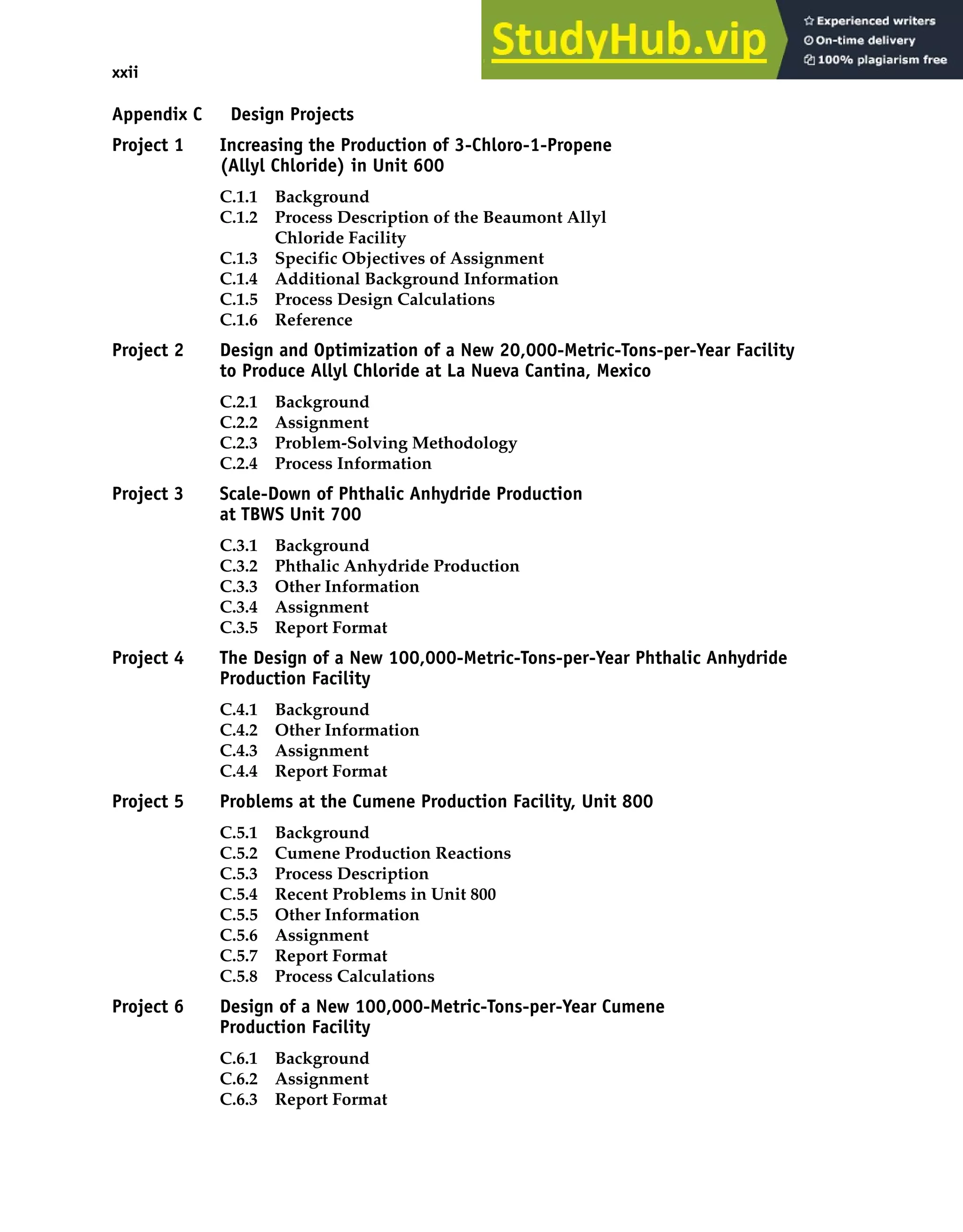 xxii Material on the CD-ROM
Appendix C Design Projects
Project 1 Increasing the Production of 3-Chloro-1-Propene
(Allyl Chloride) in Unit 600
C.1.1 Background
C.1.2 Process Description of the Beaumont Allyl
Chloride Facility
C.1.3 Specific Objectives of Assignment
C.1.4 Additional Background Information
C.1.5 Process Design Calculations
C.1.6 Reference
Project 2 Design and Optimization of a New 20,000-Metric-Tons-per-Year Facility
to Produce Allyl Chloride at La Nueva Cantina, Mexico
C.2.1 Background
C.2.2 Assignment
C.2.3 Problem-Solving Methodology
C.2.4 Process Information
Project 3 Scale-Down of Phthalic Anhydride Production
at TBWS Unit 700
C.3.1 Background
C.3.2 Phthalic Anhydride Production
C.3.3 Other Information
C.3.4 Assignment
C.3.5 Report Format
Project 4 The Design of a New 100,000-Metric-Tons-per-Year Phthalic Anhydride
Production Facility
C.4.1 Background
C.4.2 Other Information
C.4.3 Assignment
C.4.4 Report Format
Project 5 Problems at the Cumene Production Facility, Unit 800
C.5.1 Background
C.5.2 Cumene Production Reactions
C.5.3 Process Description
C.5.4 Recent Problems in Unit 800
C.5.5 Other Information
C.5.6 Assignment
C.5.7 Report Format
C.5.8 Process Calculations
Project 6 Design of a New 100,000-Metric-Tons-per-Year Cumene
Production Facility
C.6.1 Background
C.6.2 Assignment
C.6.3 Report Format
 