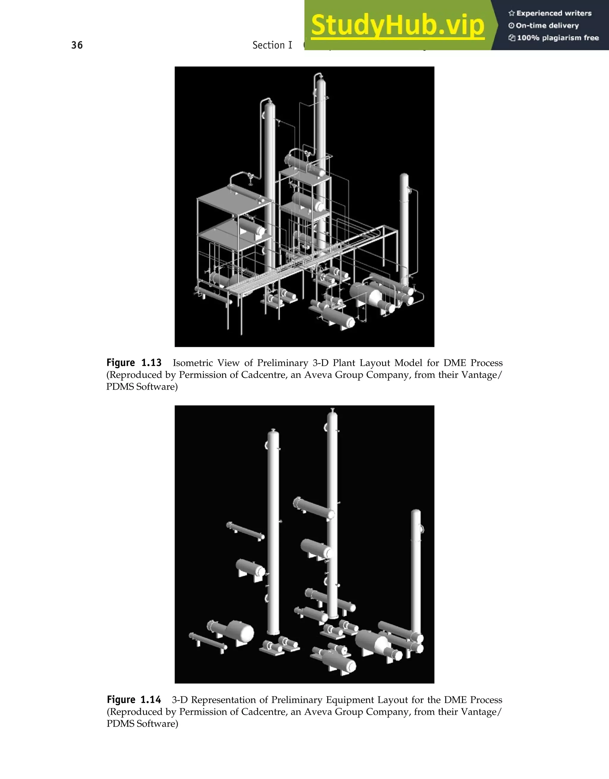 36 Section I Conceptualization and Analysis of Chemical Processes
Figure 1.13 Isometric View of Preliminary 3-D Plant Layout Model for DME Process
(Reproduced by Permission of Cadcentre, an Aveva Group Company, from their Vantage/
PDMS Software)
Figure 1.14 3-D Representation of Preliminary Equipment Layout for the DME Process
(Reproduced by Permission of Cadcentre, an Aveva Group Company, from their Vantage/
PDMS Software)
 