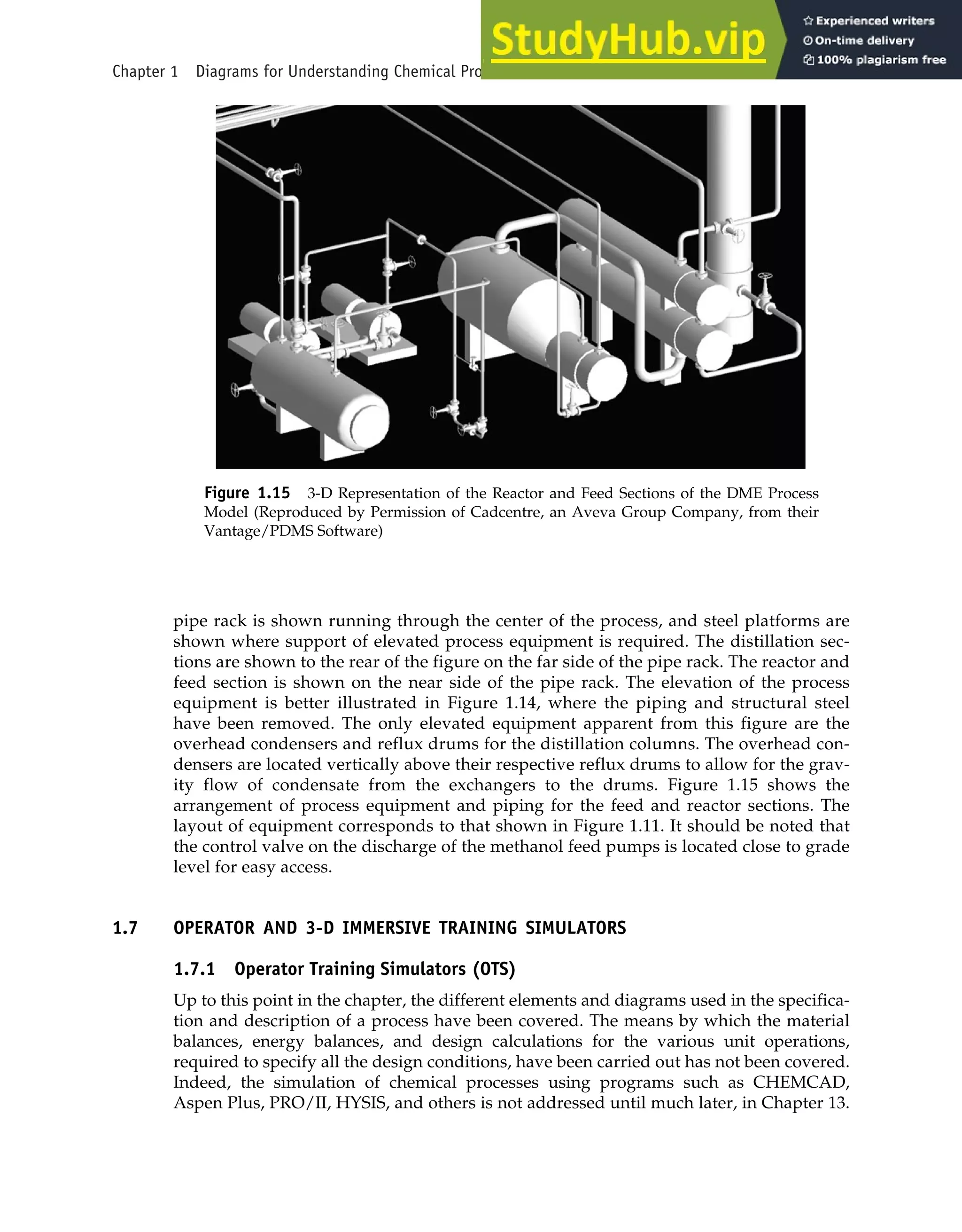 Chapter 1 Diagrams for Understanding Chemical Processes 37
Figure 1.15 3-D Representation of the Reactor and Feed Sections of the DME Process
Model (Reproduced by Permission of Cadcentre, an Aveva Group Company, from their
Vantage/PDMS Software)
pipe rack is shown running through the center of the process, and steel platforms are
shown where support of elevated process equipment is required. The distillation sec-
tions are shown to the rear of the figure on the far side of the pipe rack. The reactor and
feed section is shown on the near side of the pipe rack. The elevation of the process
equipment is better illustrated in Figure 1.14, where the piping and structural steel
have been removed. The only elevated equipment apparent from this figure are the
overhead condensers and reflux drums for the distillation columns. The overhead con-
densers are located vertically above their respective reflux drums to allow for the grav-
ity flow of condensate from the exchangers to the drums. Figure 1.15 shows the
arrangement of process equipment and piping for the feed and reactor sections. The
layout of equipment corresponds to that shown in Figure 1.11. It should be noted that
the control valve on the discharge of the methanol feed pumps is located close to grade
level for easy access.
1.7 OPERATOR AND 3-D IMMERSIVE TRAINING SIMULATORS
1.7.1 Operator Training Simulators (OTS)
Up to this point in the chapter, the different elements and diagrams used in the specifica-
tion and description of a process have been covered. The means by which the material
balances, energy balances, and design calculations for the various unit operations,
required to specify all the design conditions, have been carried out has not been covered.
Indeed, the simulation of chemical processes using programs such as CHEMCAD,
Aspen Plus, PRO/II, HYSIS, and others is not addressed until much later, in Chapter 13.
 