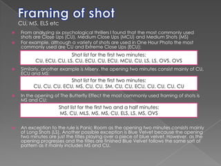 Framing of shotCU, MS, ELS etcFrom analyzing six psychological thrillers I found that the most commonly used shots are Close Ups (CU), Medium Close Ups (MCU) and Medium Shots (MS)For example, although a variety of shots are used in One Hour Photo the most commonly used are CU and Extreme Close Ups (ECU):Similarly, another example is Misery, the opening two minutes consist mainly of CU, ECU and MS:In the opening of The Butterfly Effect the most commonly used framing of shots is MS and CU:An exception to the rule is Panic Room as the opening two minutes consists mainly of Long Shots (LS). Another possible exception is Blue Velvet because the opening two minutes are just the titles playing over a piece of blue velvet. However, as the opening progresses and the titles are finished Blue Velvet follows the same sort of pattern as it mainly includes MS and CU. Shot list for the first two minutes:CU, ECU, CU, LS, CU, ECU, CU, ECU, MCU, CU, LS, LS, OVS, OVSShot list for the first two minutes:CU, CU, CU, ECU, MS, CU, CU, SM, CU, CU, ECU, CU, CU, CU, CUShot list for the first two and a half minutes:MS, CU, MLS, MS, MS, CU, ELS, LS, MS, OVS