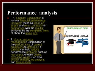 Performance analysis
 1. Finance: Examination of
various financial performance
indicators (such as return on
assets and return on equity) in
comparison with the results
achieved by the competing firms
of about the same size.
 2. Human resource
management: Examination of
the performance of current
employees to determine if
training can help reduce
performance problems such as
low output, uneven quality,
excessive waste. See also
activity analysis, job analysis,
and task analysis.
 