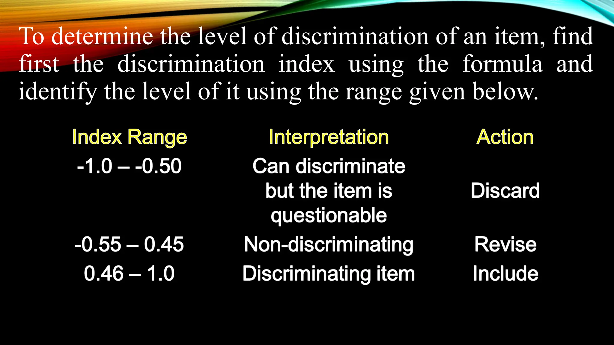 To determine the level of discrimination of an item, find
first the discrimination index using the formula and
identify the level of it using the range given below.
 