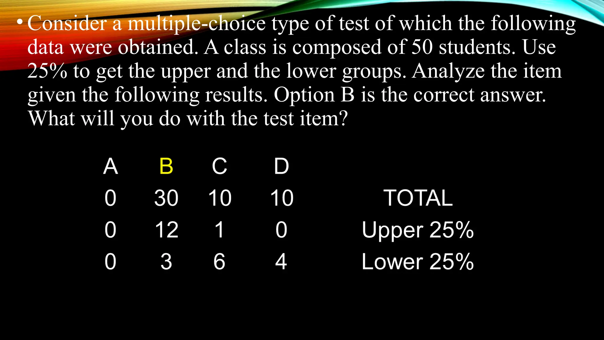 • Consider a multiple-choice type of test of which the following
data were obtained. A class is composed of 50 students. Use
25% to get the upper and the lower groups. Analyze the item
given the following results. Option B is the correct answer.
What will you do with the test item?
 
