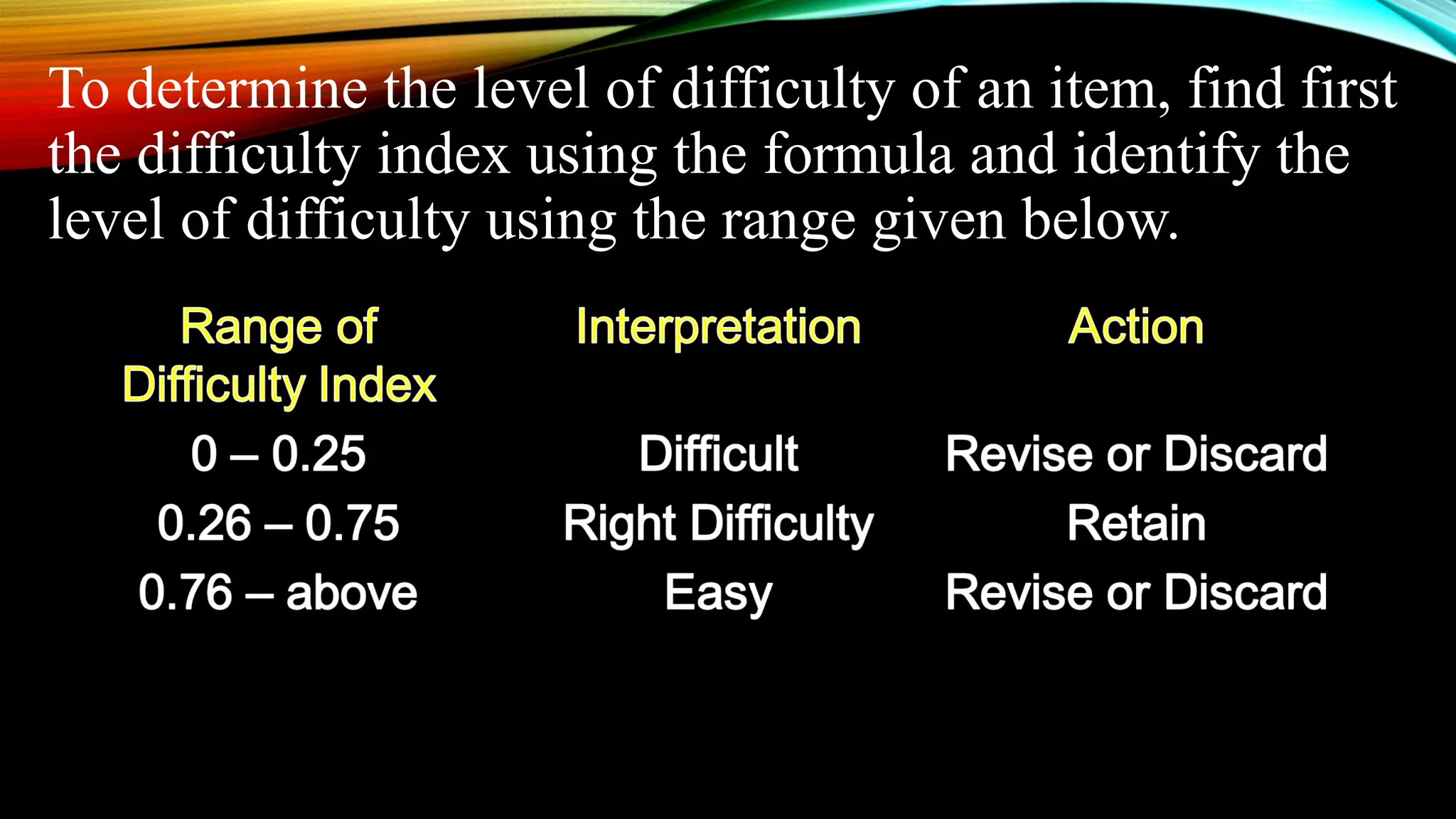 To determine the level of difficulty of an item, find first
the difficulty index using the formula and identify the
level of difficulty using the range given below.
 