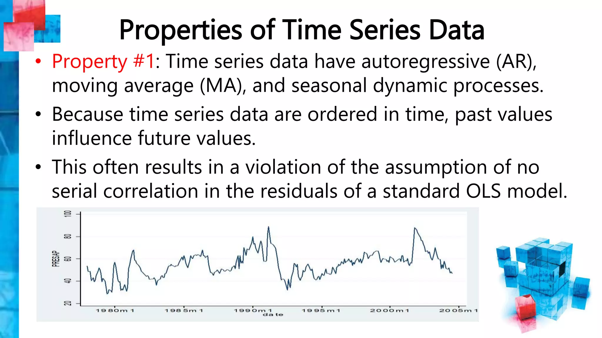 Properties of Time Series Data
• Property #1: Time series data have autoregressive (AR),
moving average (MA), and seasonal dynamic processes.
• Because time series data are ordered in time, past values
influence future values.
• This often results in a violation of the assumption of no
serial correlation in the residuals of a standard OLS model.
 