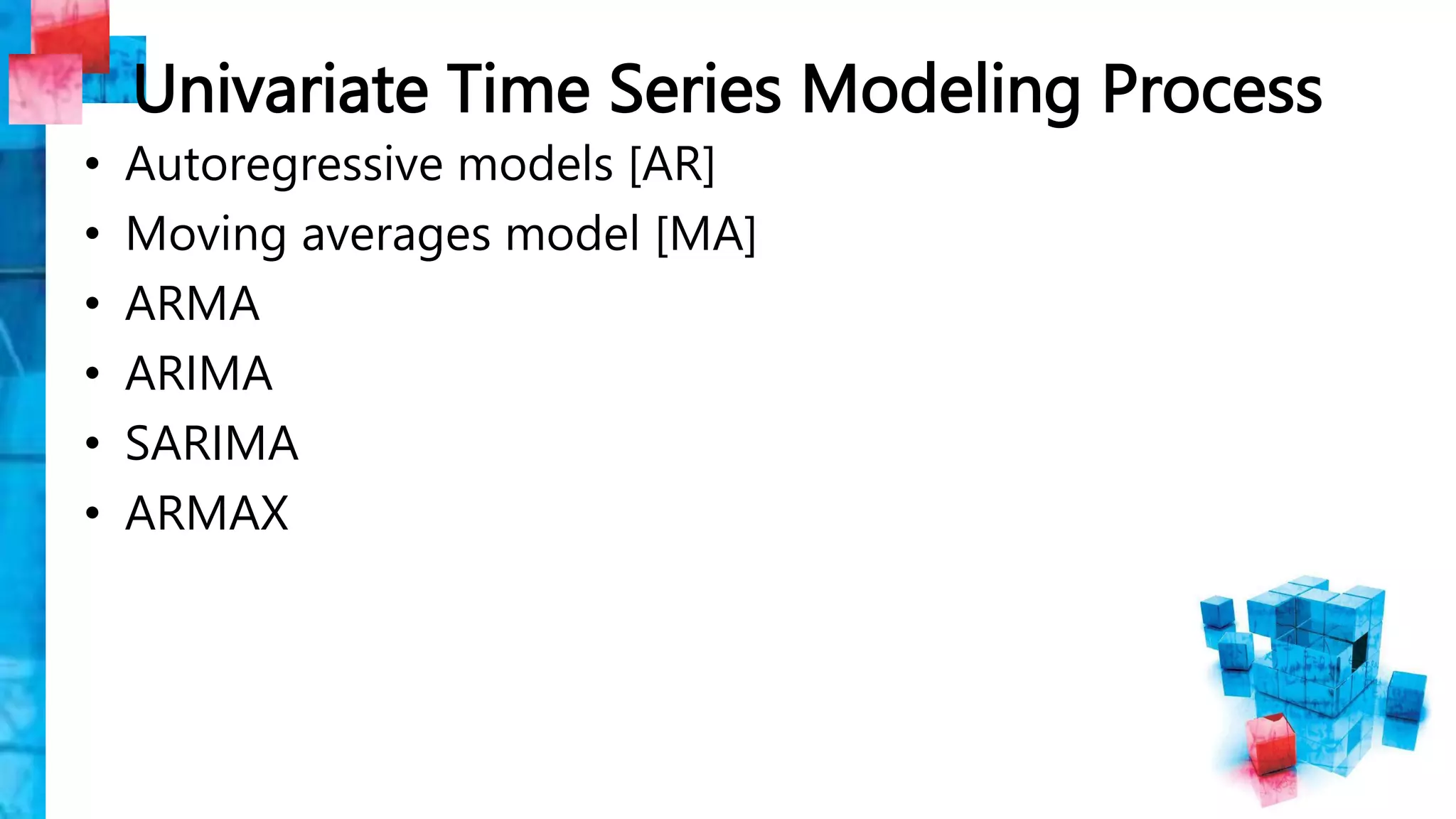 Univariate Time Series Modeling Process
• Autoregressive models [AR]
• Moving averages model [MA]
• ARMA
• ARIMA
• SARIMA
• ARMAX
 