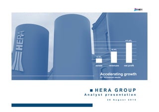H E R A G R O U P
A n a l y s t p r e s e n t a t i o n
2 6 A u g u s t 2 0 1 5
ebitda revenues net profit
+2.5%
+6.4%
+11.4%
Accelerating growth
H1’ 15 financial results
 