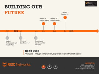 Road Map
Analytics Through Innovation, Experience and Market Needs
CONTACT US
81 Broadway, Suite C
Phone: (866) 808-1227
email: info@riscnetworks.com
BUILDING OUR
FUTURE
2014 2015
Release of
CloudScape 1.0
Added
TrafficWatch to IT
HealthCheck
Consolidated
Branding to RISC
Networks
Jan June July
Release of
CloudScape 2.0
Q4
Release of
CloudScape 2.1
SeptOct
Release of
CloudScape 3.0
 