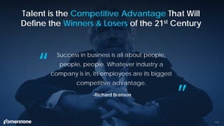 117
Talent is the Competitive Advantage That Will
Define the Winners & Losers of the 21st Century
Success in business is all about people,
people, people. Whatever industry a
company is in, its employees are its biggest
competitive advantage.
-Richard Branson
“
”
 