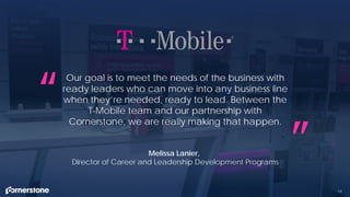 14
Our goal is to meet the needs of the business with
ready leaders who can move into any business line
when they’re needed, ready to lead. Between the
T-Mobile team and our partnership with
Cornerstone, we are really making that happen.
“
”Melissa Lanier,
Director of Career and Leadership Development Programs
 
