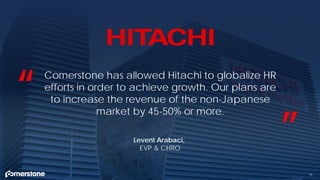 15
Cornerstone has allowed Hitachi to globalize HR
efforts in order to achieve growth. Our plans are
to increase the revenue of the non-Japanese
market by 45-50% or more.
“
”Levent Arabaci,
EVP & CHRO
 