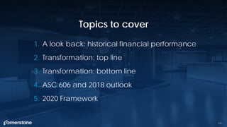 1. A look back: historical financial performance
2. Transformation: top line
3. Transformation: bottom line
4. ASC 606 and 2018 outlook
5. 2020 Framework
Topics to cover
176
 