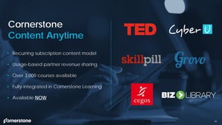 Cornerstone
Content Anytime
• Recurring subscription content model
• Usage-based partner revenue sharing
• Over 3,000 courses available
• Fully-integrated in Cornerstone Learning
• Available NOW
44
 