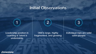 Leadership position in
Learning & Talent is
undeniable
Initial Observations
54
Individual reps are solid
sales people
TAM is large, highly
fragmented, and growing
2 31
54
 