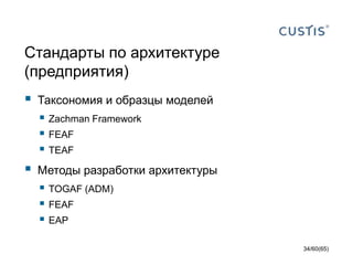 Стандарты по архитектуре
(предприятия)
 Таксономия и образцы моделей
 Zachman Framework
 FEAF
 TEAF
 Методы разработки архитектуры
 TOGAF (ADM)
 FEAF
 EAP
34/60(65)
 