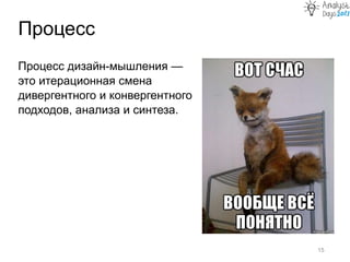 Процесс
15
Процесс дизайн-мышления —
это итерационная смена
дивергентного и конвергентного
подходов, анализа и синтеза.
 