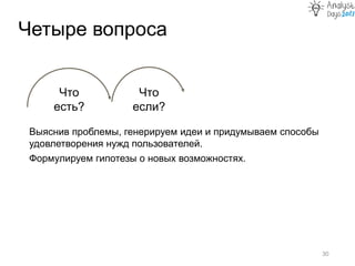 Выяснив проблемы, генерируем идеи и придумываем способы
удовлетворения нужд пользователей.
Формулируем гипотезы о новых возможностях.
Четыре вопроса
30
Что
есть?
Что
если?
 
