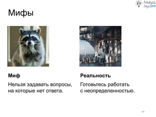 Миф
Нельзя задавать вопросы,
на которые нет ответа.
Мифы
44
Реальность
Готовьтесь работать
с неопределенностью.
 