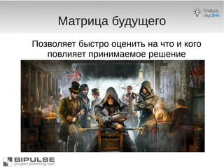 Матрица будущего
Позволяет быстро оценить на что и кого
повлияет принимаемое решение
 