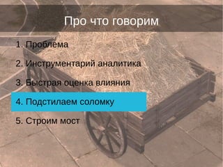 Про что говорим
1. Проблема
2. Инструментарий аналитика
3. Быстрая оценка влияния
4. Подстилаем соломку
5. Строим мост
 