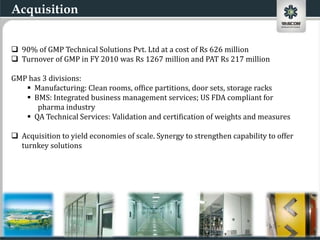 Acquisition


 90% of GMP Technical Solutions Pvt. Ltd at a cost of Rs 626 million
 Turnover of GMP in FY 2010 was Rs 1267 million and PAT Rs 217 million

GMP has 3 divisions:
    Manufacturing: Clean rooms, office partitions, door sets, storage racks
    BMS: Integrated business management services; US FDA compliant for
      pharma industry
    QA Technical Services: Validation and certification of weights and measures

 Acquisition to yield economies of scale. Synergy to strengthen capability to offer
  turnkey solutions




                                                                 25
 