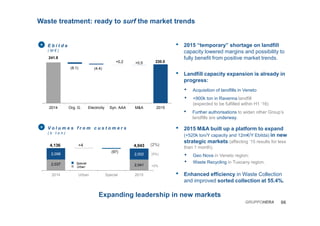 • 2015 “temporary” shortage on landfill
capacity lowered margins and possibility to
fully benefit from positive market trends.
• Landfill capacity expansion is already in
progress:
• 2015 M&A built up a platform to expand
(+520k ton/Y capacity and 12m€/Y Ebitda) in new
strategic markets (affecting ‘15 results for less
than 1 month).
• Enhanced efficiency in Waste Collection
and improved sorted collection at 55.4%.
241.8
(8.1) (4.4)
+0,2 +0,5 230.0
2014 Org. G. Electricity Syn. AAA M&A 2015
2,037 2,041
2,098
(97)
2,002
+4
2014 Urban Special 2015
Waste treatment: ready to surf the market trends
Expanding leadership in new markets
• Geo Nova in Veneto region;
• Acquisition of landfills in Veneto
(2%)
(5%)
4,0434,136
Urban
Special
• Further authorisations to widen other Group’s
landfills are underway.
E b i t d a
( M € )
+
V o l u m e s f r o m c u s t o m e r s
( k t o n )
+
+0%
• Waste Recycling in Tuscany region.
• +900k ton in Ravenna landfill
(expected to be fulfilled within H1 ‘16)
06GRUPPOHERA
 
