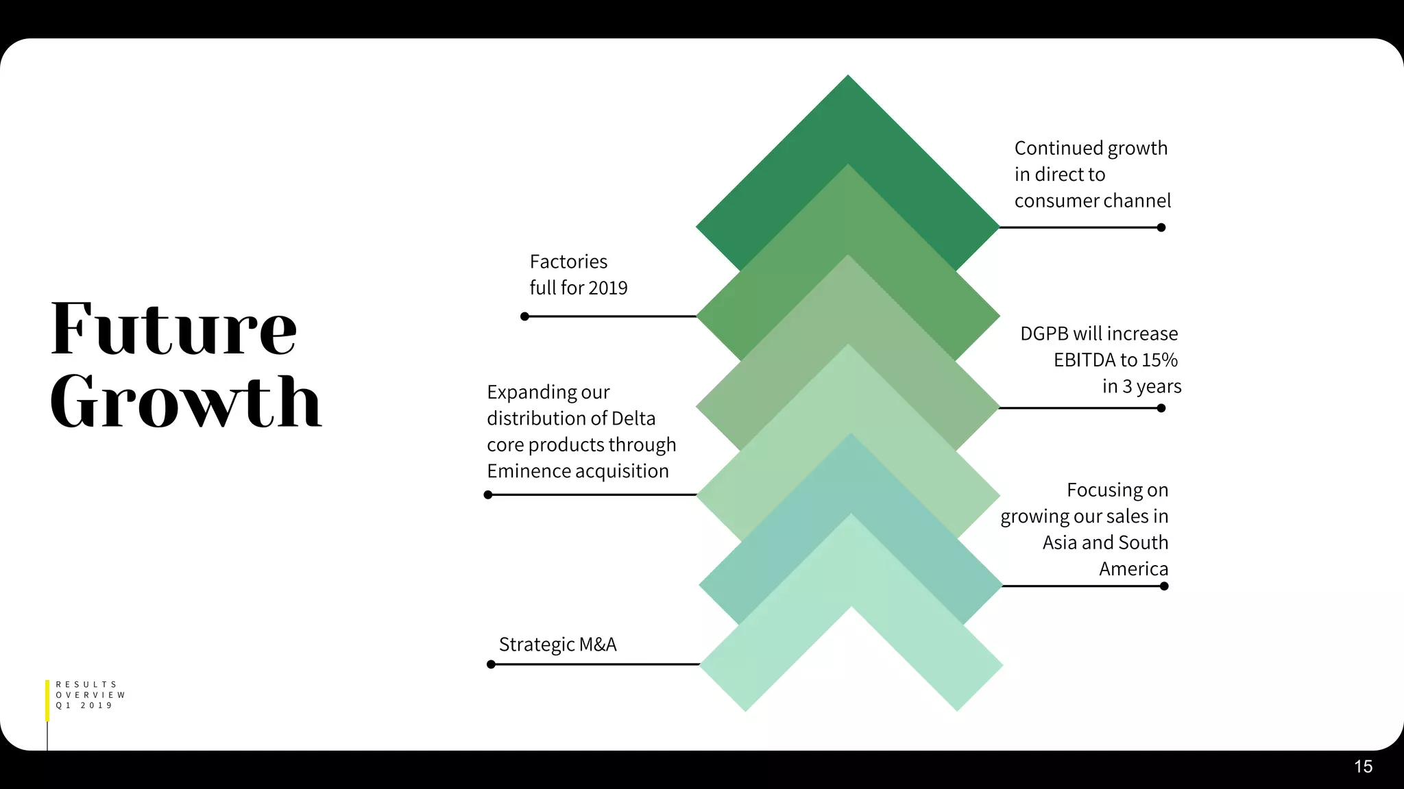Continued growth
in direct to
consumer channel
Factories
full for 2019
DGPB will increase
EBITDA to 15%
in 3 yearsExpanding our
distribution of Delta
core products through
Eminence acquisition
Focusing on
growing our sales in
Asia and South
America
Strategic M&A
15
R E S U L T S
O V E R V I E W
Q 1 2 0 1 9
Future
Growth
 