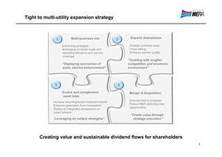 Tight to multi-utility expansion strategy



                          Multi-business mix                  Expand downstream
               1                                         2
                   Extracting synergies                      Enlarge customer base
                   leveraging on larger scale and            Cross selling
                   operating efficiency and service          Enhance service quality
                   coverage
                                                             “Tackling with tougher
                   “Deploying economies of                   competition and economic
                   scale, service enhancement”               environment””




              3                                          4
                   Evolve and complement                      Merger & Acquisition
                   asset base
                                                              Execute deal in progress
             Increase recycling/waste treatment assets
                                                              Pursue M&A selecting new
             Enhance generation from renewables
                                                              opportunities
             Deploy an integrated perspective on
             smart network
                                                              “Create value through
             “Leveraging on unique strengths”                  strategy execution”




      Creating value and sustainable dividend flows for shareholders
                                                                                         1
 