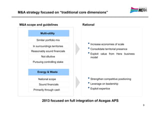 M&A strategy focused on “traditional core dimensions”


M&A scope and guidelines                Rational

              Multi-utility

           Similar portfolio mix

        In surroundings territories
                                           • Increase economies of scale
       Reasonably sound financials
                                           • Consolidate territorial presence
                                           • Exploit value from Hera business
               Not diluitive                 model
        Pursuing controlling stake


            Energy & Waste

            National scope                 • Strengthen competitive positioning
             Sound financials              • Leverage on leadership
         Primarily through cash            • Exploit expertice

                2013 focused on full integration of Acegas APS
                                                                                  9
 