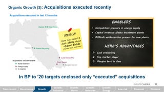 • Competition pressure in energy supplyCompetition pressure in energy supplyCompetition pressure in energy supplyCompetition pressure in energy supply
• Capital intensive Waste treatment plantsCapital intensive Waste treatment plantsCapital intensive Waste treatment plantsCapital intensive Waste treatment plants
• DifficultDifficultDifficultDifficult authorization process for new plantsauthorization process for new plantsauthorization process for new plantsauthorization process for new plants
Organic Growth (3): acquisitions executed recently
In BP to ’20 targets enclosed only “executed” acquisitions
11GRUPPOHERA
Waste treatment
Energy supply
In progress
Gran Sasso
Julia Servizi Più
Waste Recycling
Geo Nova
Acquisitions since 31/12/2015:
1.1.1.1. Cash availabilityCash availabilityCash availabilityCash availability
2.2.2.2. Top market playerTop market playerTop market playerTop market player
3.3.3.3. Margins best in classMargins best in classMargins best in classMargins best in class
ENABLERSENABLERSENABLERSENABLERS
HERA’S ADVANTAGESHERA’S ADVANTAGESHERA’S ADVANTAGESHERA’S ADVANTAGES
Aliplast
Acquisitions executed in the last 13 months
Growth
Growth:
Waste
Track record Governance Low risk
Growth:
Networks
Growth:
Energy
Financial Dividend
Growth:
Industrial
Sangro Servizi
Teseco
 